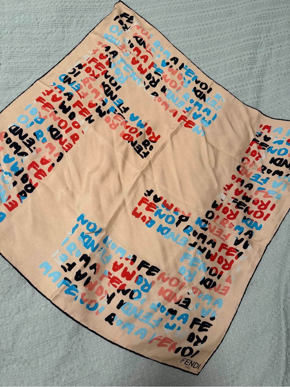 Fendi blush Logo-Print Silk Scarf with Red, Blue and Black Accents